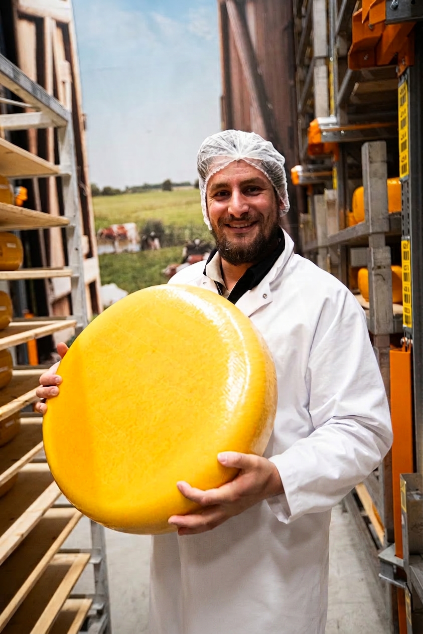 Oliver håller ett färskt gouda-hjul hos producenten i Holland